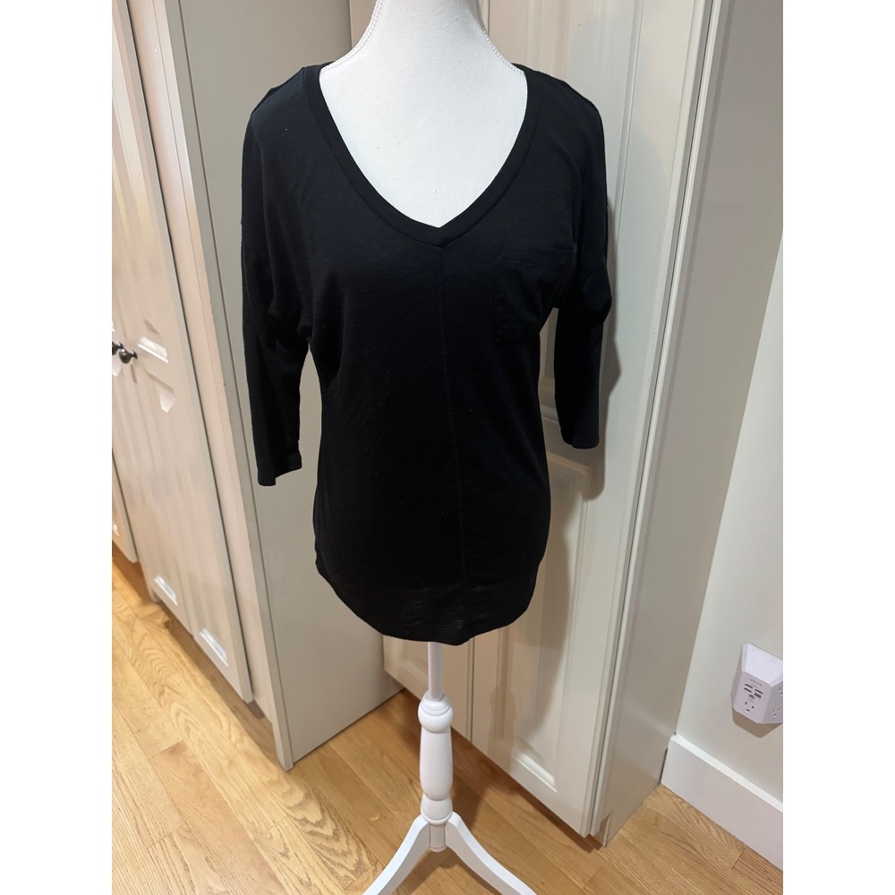 New York & Company NY&C Black V-Neck 3/4 Sleeve Pocket T-Shirt Top XS